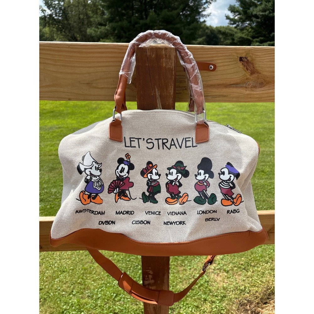 Disney Inspired Lets Travel Canvas Duffle Bag Weekender Cream Tan Travel Tote
